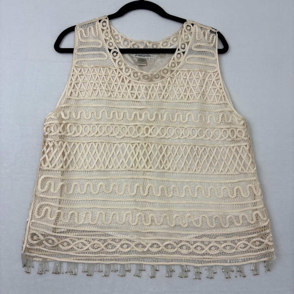 Soulmates Women XL Cream Hand Crochet 100% Silk Sleeveless Beaded Fringe Blouse